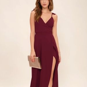 HERE'S TO US BURGUNDY HIGH-LOW WRAP DRESS